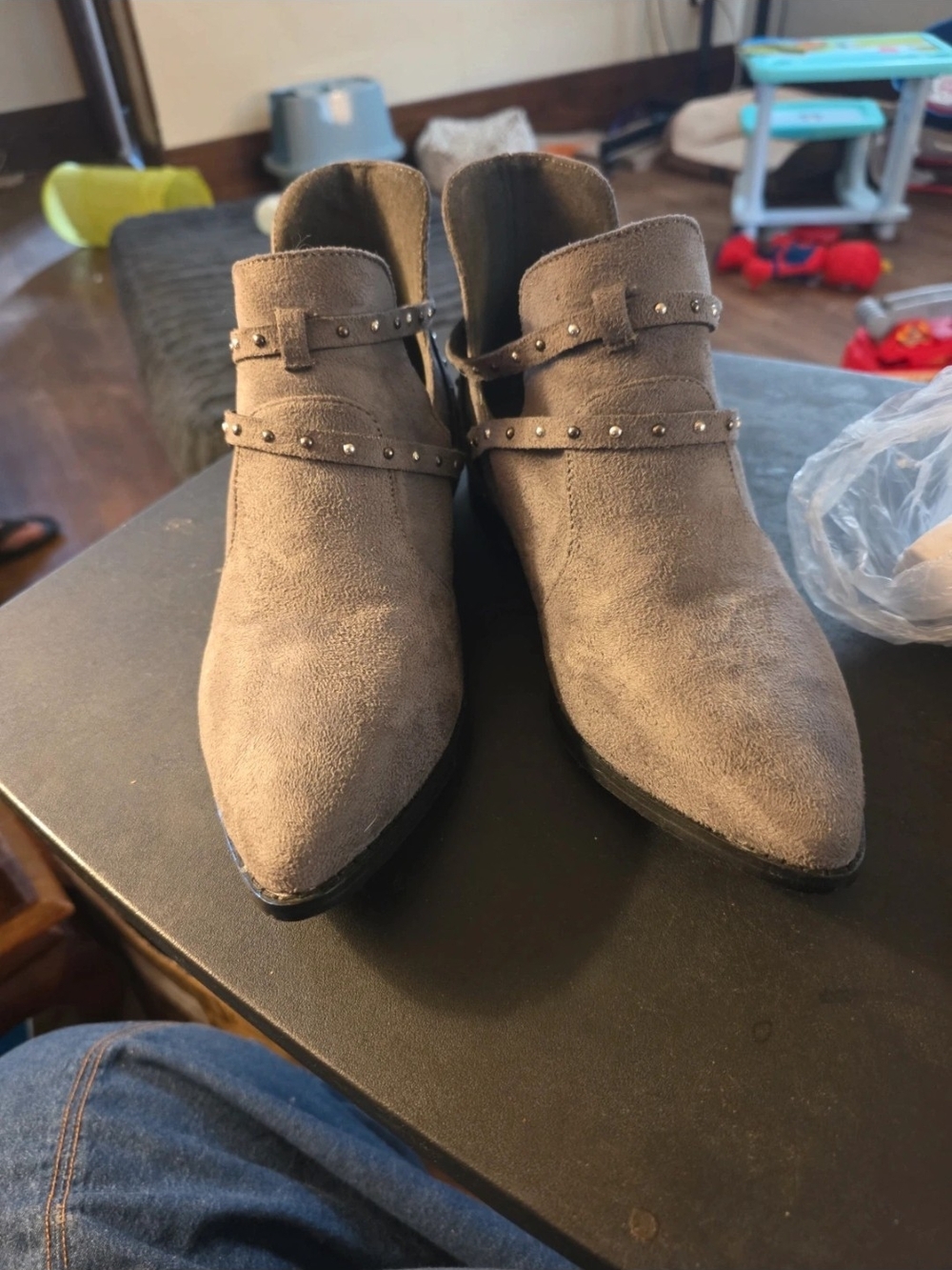 Studded Pointed Suede Ankle Booties - Gray